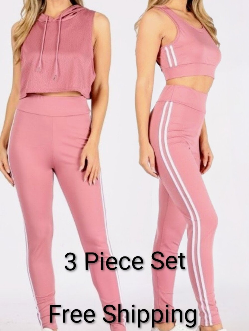 3-Piece Dusty Rose Active Set — High-Waist Leggings, Sports Bra & Cropped Hoodie